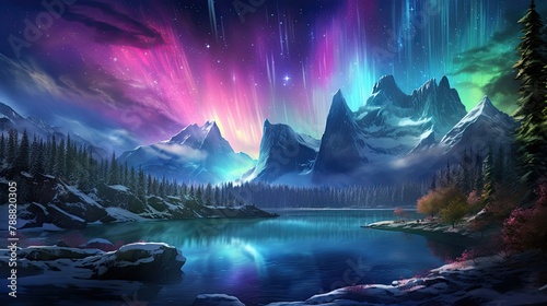 The image is a beautiful landscape of a mountain range at night. The sky is filled with stars and the aurora borealis. © BozStock
