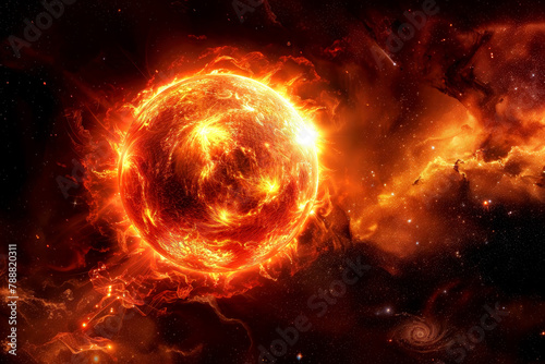Solar flare from the surface of the sun, red yellow orange bright fiery energy heat from fusion, astrophysics in real time