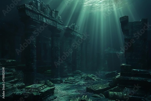 mysterious ancient underwater city ruins discovered sunken civilization remains dramatic lighting 3d render photo