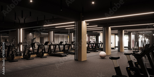 Modern gym interior design. Industrial gym concept design. 3D Rendering, 3D Illustration