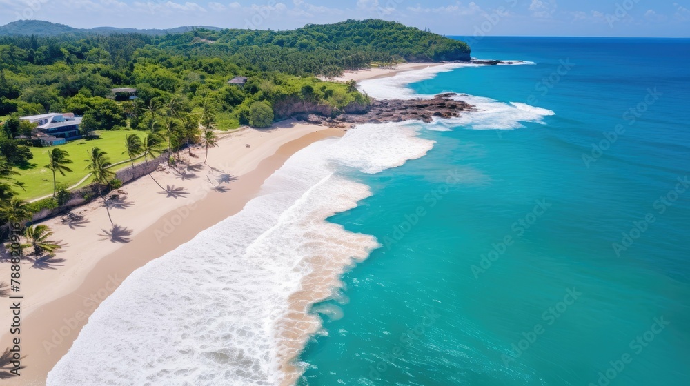 Amazing beach with white sand and palm trees. The water is crystal clear and blue. There are green hills in the background. Amazing beach with white sand and palm trees. The water is crystal clear and blue. There are green hills in the background.