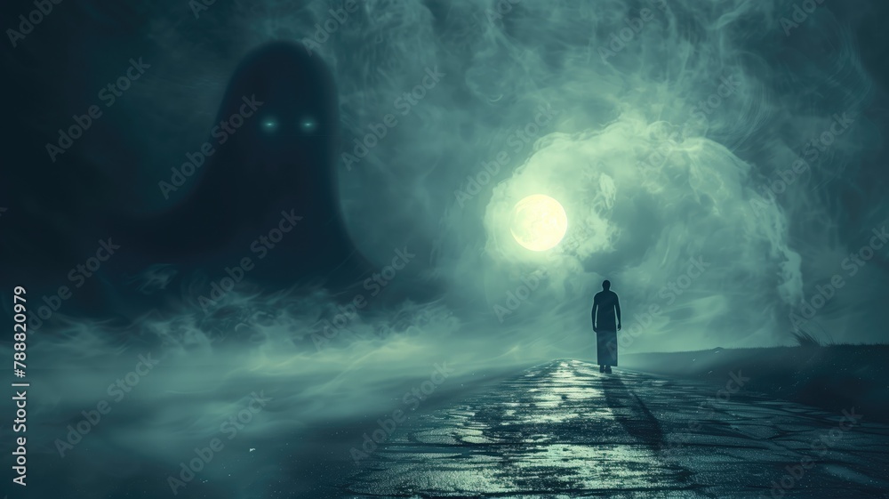 Person standing on road under full moon with large ghostly figure looming in background - obrazy, fototapety, plakaty 