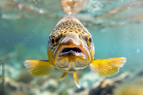 Close-up view of angry brown trout swimming in clear water.