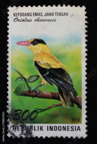 Old philatelic postage stamp with illustration of a golden oriole bird