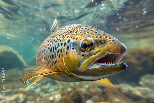 Close-up view of angry brown trout swimming in clear water.