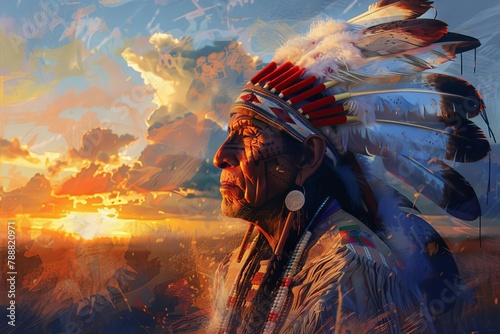 native american indian chief portrait at sunset traditional tribal clothing and headdress digital painting photo
