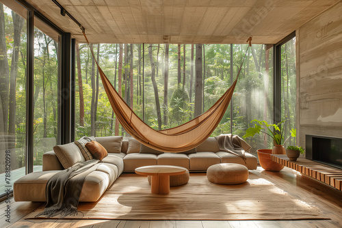 Ecolodge or eco-lodge house interior with a sofa, coffee table, hammock and greenery. Glass walls, wooden furniture and rustic decoration with forest outside. photo