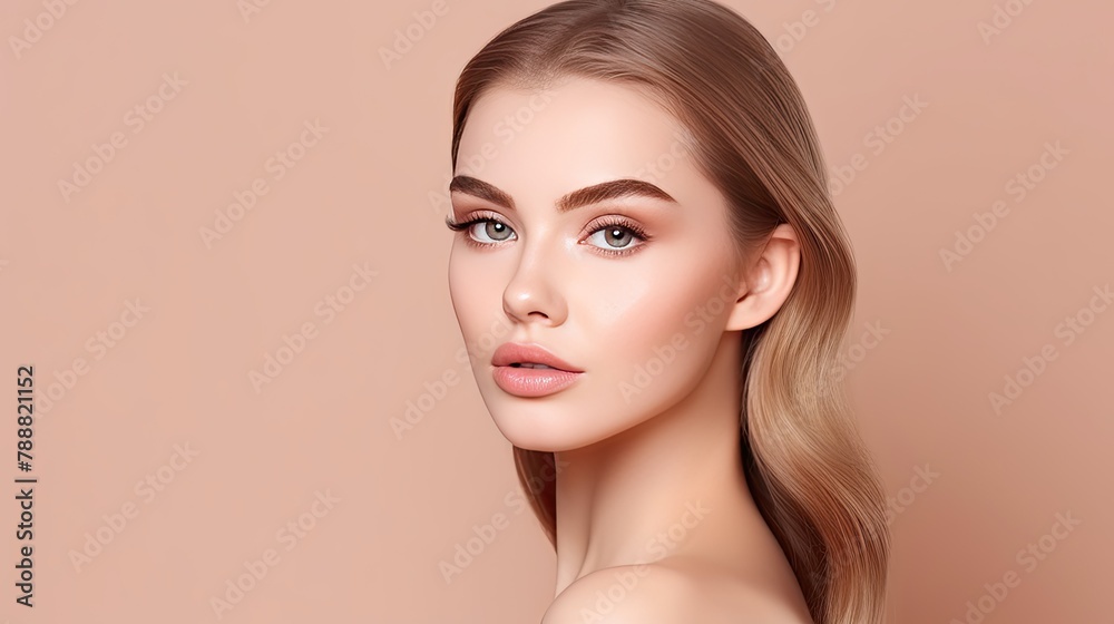 Fototapeta premium A beautiful young woman with long, flowing hair and flawless skin.