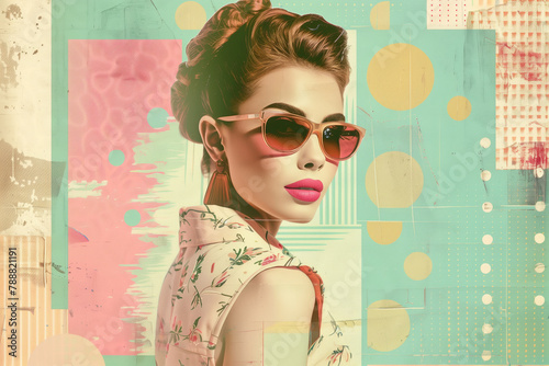 Portrait of elegant beautiful young woman, lady dressed in 50s style, collage with retro concept