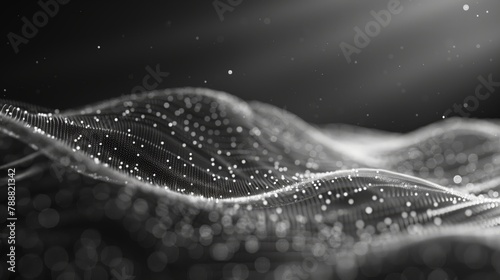 Black and white dots on a black background, creating an abstract digital landscape with flowing waves of particles in the style of digital art. Generated by artificial intelligence.