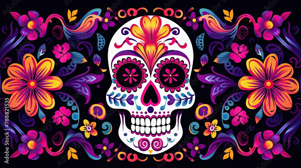 This is a vibrant and colorful illustration of a skull with floral elements. This is a vibrant and colorful illustration of a skull with floral elements.