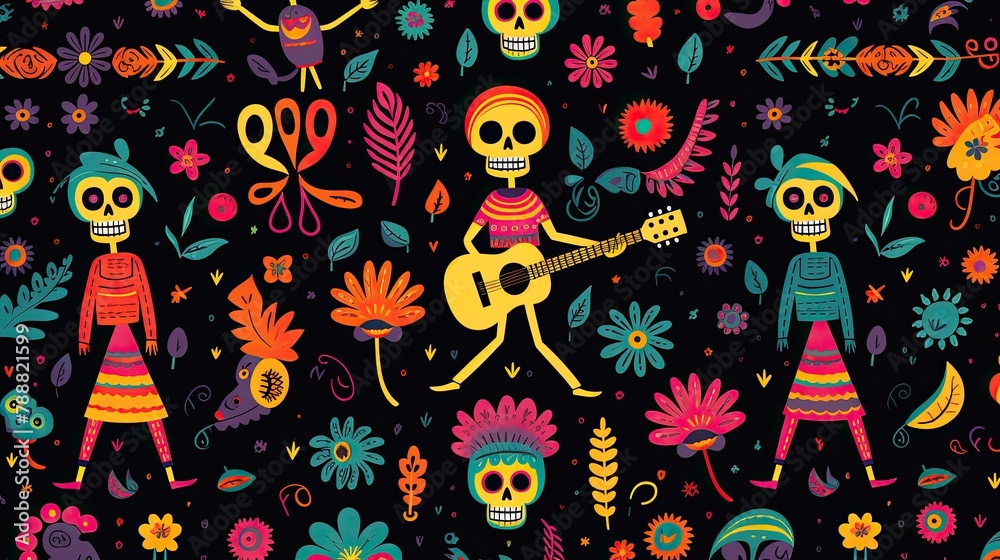 This is a seamless pattern of colorful and whimsical skeletons playing music and dancing. This is a seamless pattern of colorful and whimsical skeletons playing music and dancing.