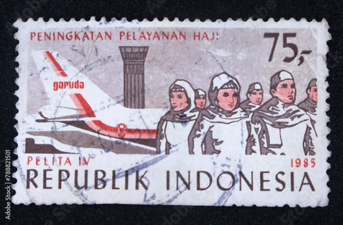 Old philatelic postage stamp with an illustration of the Hajj departure