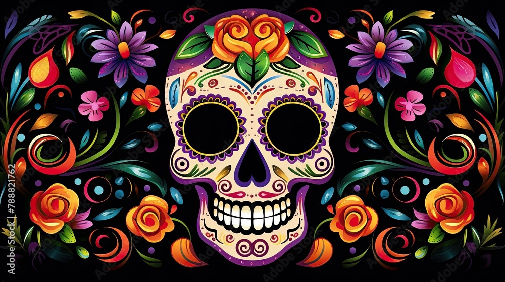 This is a vibrant and colorful illustration of a skull with floral elements. This is a vibrant and colorful illustration of a skull with floral elements.