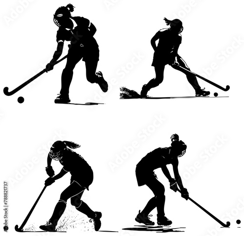 set of women field hockey players in motion in silhouette 