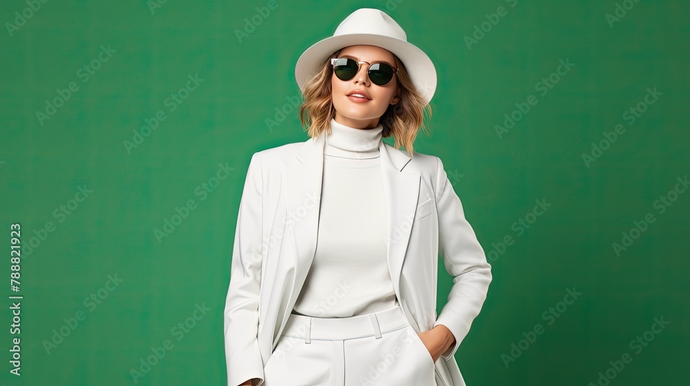 Confident and stylish, the model is wearing a white suit and hat, and sunglasses. Confident and stylish, the model is wearing a white suit and hat, and sunglasses.