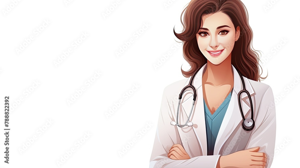 A beautiful female doctor with long brown hair is wearing a white lab coat and stethoscope around her neck. A beautiful female doctor with long brown hair is wearing a white lab coat and stethoscope around her neck.