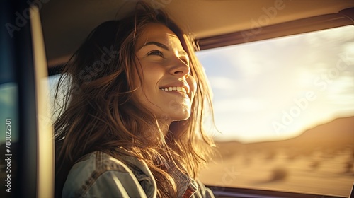 Young beautiful happy smiling woman driving car on sunny day.