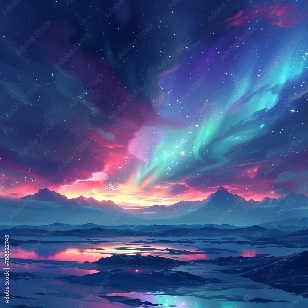 Fototapeta premium 静かな山の湖に広がるカラフルなオーロラの夢景色テクスチャ背景