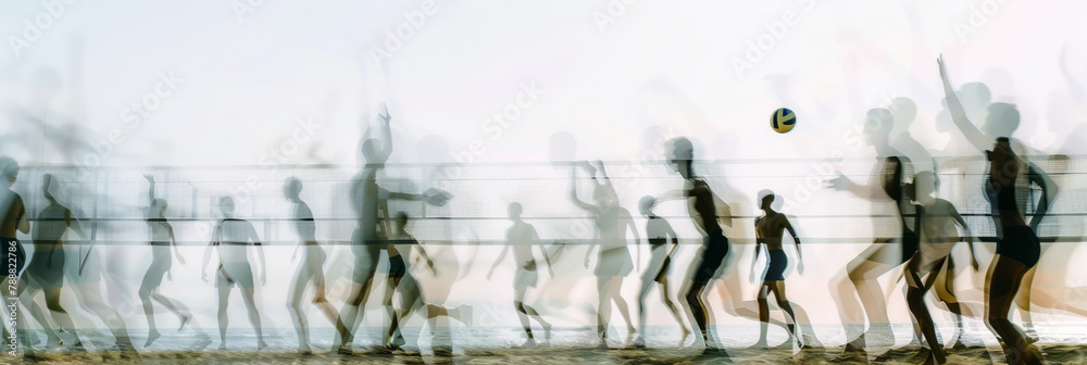 Obraz premium a long exposure photograph of multiple people beach volleyball players, motion blur