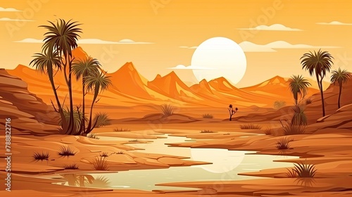 This is a beautiful landscape of a desert with a large sun setting over the horizon.
