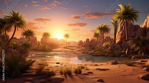 This is a beautiful landscape of a desert oasis. The sun is setting over the sand dunes  and the palm trees are silhouetted against the sky.