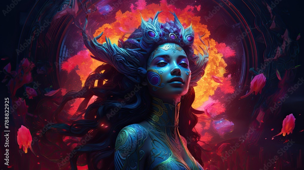 A stunning digital painting of a beautiful woman with long, flowing hair and glowing blue eyes.