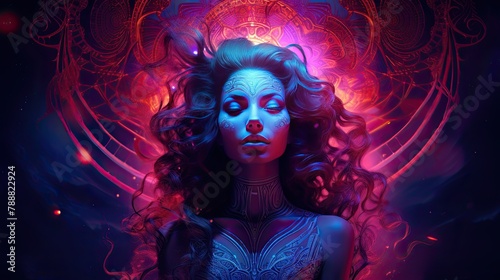 A beautiful woman with long, flowing hair and glowing eyes is surrounded by a colorful, abstract background. © BozStock