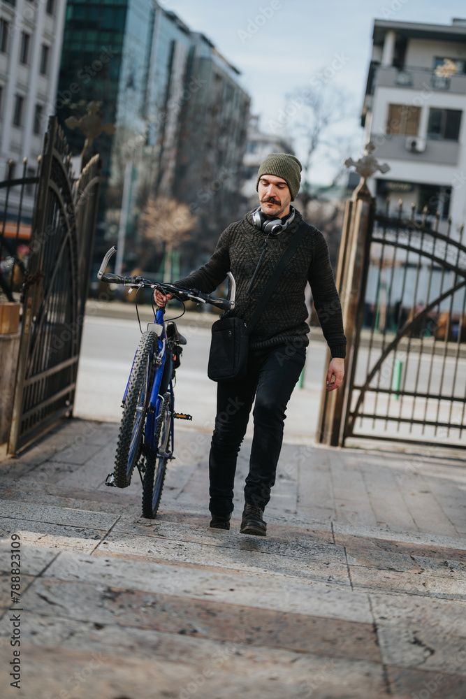 Man in winter attire walking with his bike on a city street, embodying urban lifestyle and eco-friendly transportation.