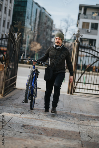 Man in winter attire walking with his bike on a city street, embodying urban lifestyle and eco-friendly transportation.