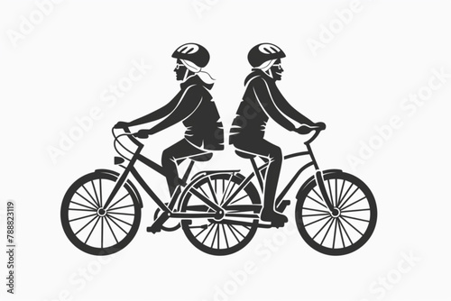Happy elderly couple ride bicycle. Seniors on an active holiday. Grandparents in helmets ride sports bikes outside vector icon, white background, black colour icon photo