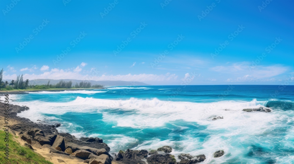 Beautiful seascape with blue ocean waves crashing on rocky shore. Clear blue sky with sparse white clouds. Beautiful seascape with blue ocean waves crashing on rocky shore. Clear blue sky with sparse white clouds.