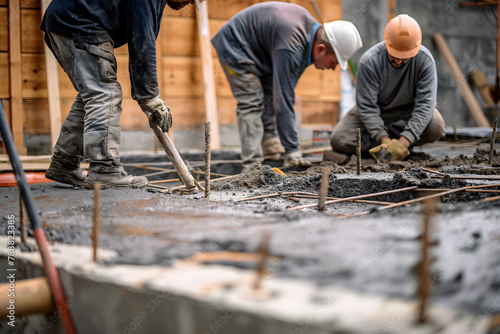 Team of the construction workers works on foundation of contemporary house. Team of the construction workers works on foundation of contemporary house.