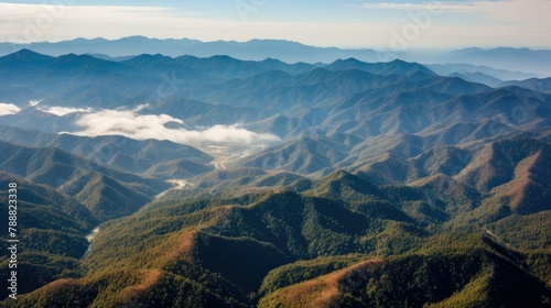 This is an aerial view of a beautiful mountain landscape. © BozStock