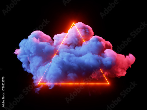 3d render, glowing neon linear triangle inside the abstract blue cloud illuminated with red light, isolated on black background