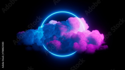 3d render. Neon round linear frame glows inside the colorful cloud, isolated on black background. Fantastic halo concept wallpaper © wacomka