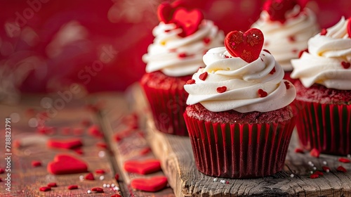 Valentine s Day cupcakes adorned with sweet sugar hearts are displayed on a rustic wooden table set against a vibrant red backdrop