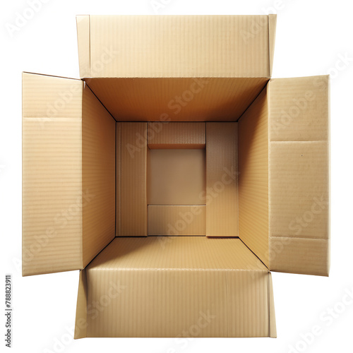Open cardboard box on transparent background. Top view
