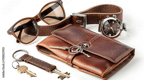 Men's accessories including a brown leather wallet, belt, sunglasses, key, and watch, neatly arranged on a white background