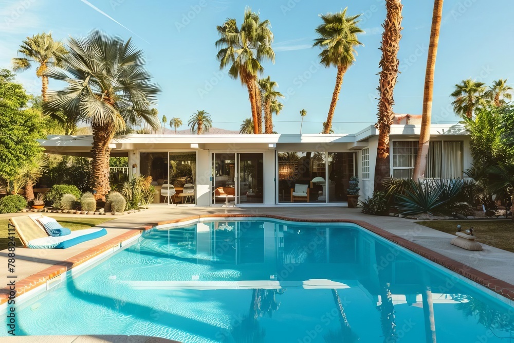 nostalgic retro house with a sparkling pool and lush palm trees vintage summer vibes