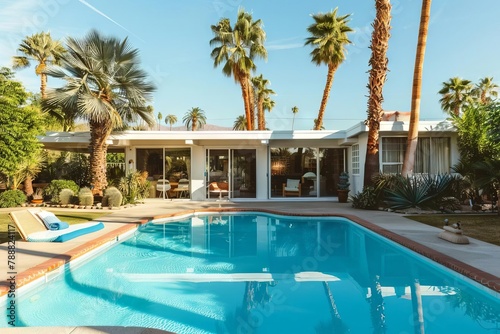nostalgic retro house with a sparkling pool and lush palm trees vintage summer vibes © Lucija