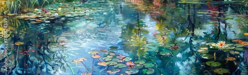 Painting of a pond with lily pads and trees in the background. Banner