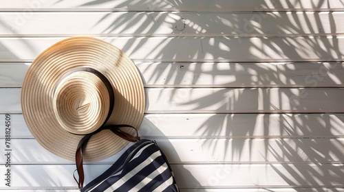 Summer vacation theme featuring a sun straw hat, a striped bag, and the shadow of tropical palm leaves on a white wooden background, with ample space for text