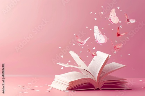 open book butterflies flying storytelling romance writing concept pastel pink background illustration