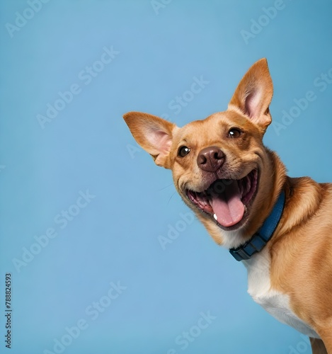 A smiling tan dog with its tongue out against a solid background © Arif