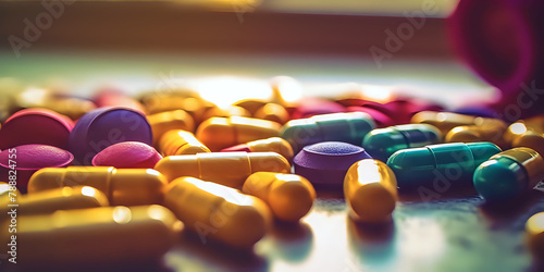 Assorted Medication Capsules in Vibrant Colors. A close-up of various colorful pills and capsules scattered, indicating healthcare, medication diversity, and pharmaceutical industry. Ideal for medical