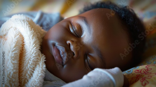 A heartwarming scene unfolds as we gaze at a close up portrait capturing the tranquil sleep of a beautiful African American baby in a hospital or daycare nursery This image symbolizes the l photo
