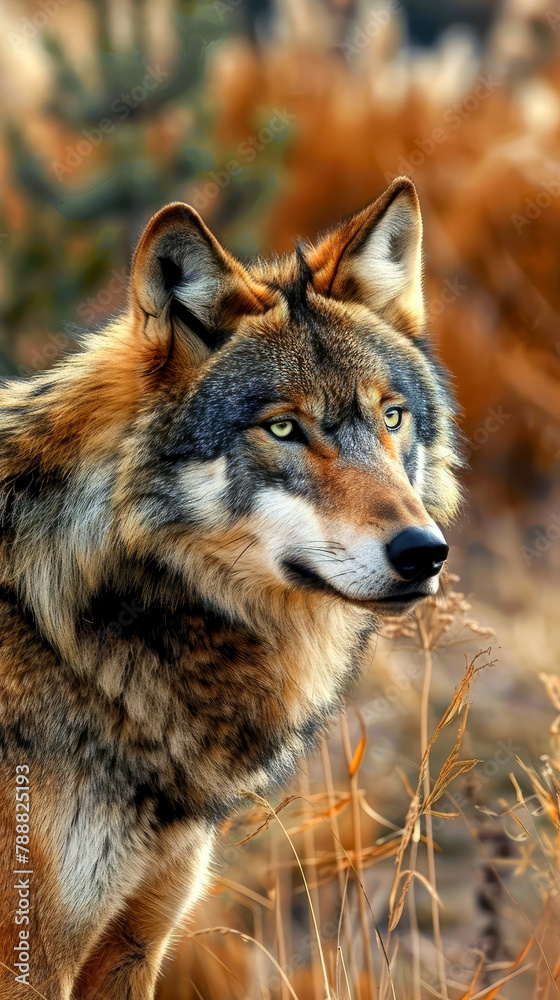 Colorful wolf intense stare, alpha pack hunter carnivore, predator in the forest, canine wildlife