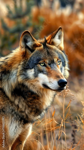 Colorful wolf intense stare  alpha pack hunter carnivore  predator in the forest  canine wildlife