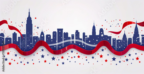 Skyline illustration banner of New York city with USA flag colors with copy space for text. 4th of July, Independence Day concept